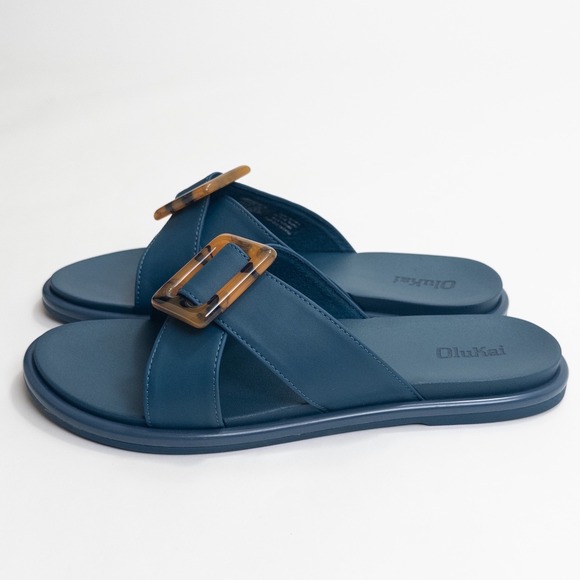 Olukai La'i Slide Sandals Women 8 Blue Tortoise Buckle Comfort Slip-On 31473-00 - Picture 4 of 16